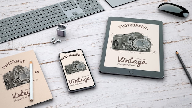 Stationery mockup with retro photography concept