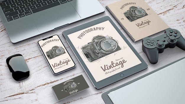 PSD stationery mockup with vintage photography concept