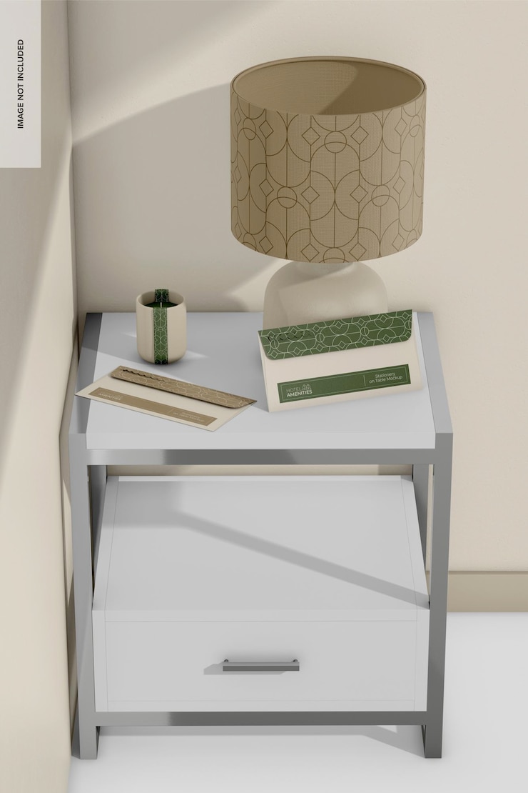 PSD stationery on table night room mockup front view
