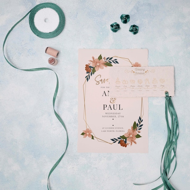 PSD stationery wedding invitation with ribbon