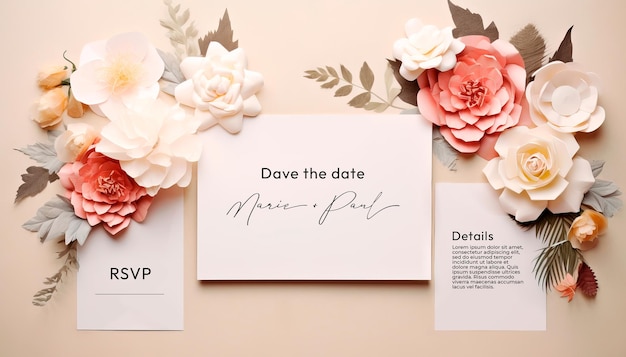 PSD stationery for wedding on a soft background with pastel paper flowers