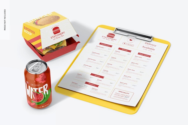 PSD cancelleria con mockup di burger box