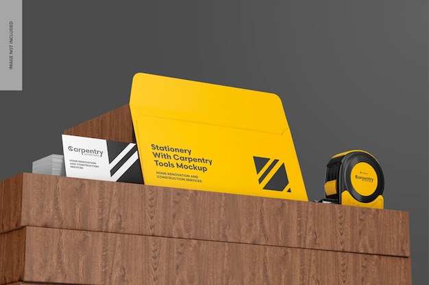 PSD stationery with carpentry tools mockup low angle view