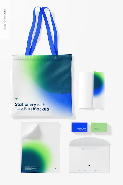 Stationery with tote bag mockup, top view