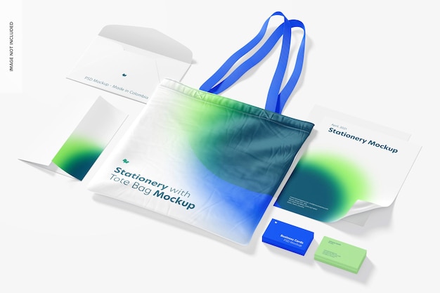 Stationery with tote bag mockup