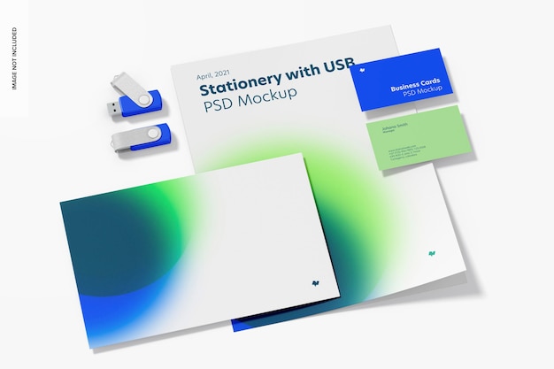 PSD stationery with usb flash drives mockup, perspective