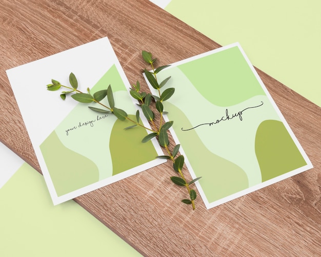 PSD stationery and wood arrangement high angle