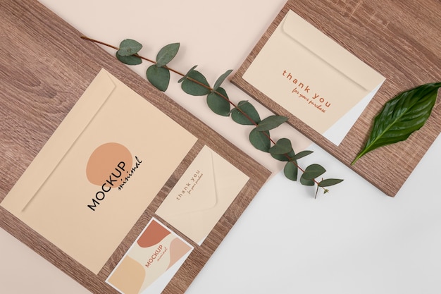 PSD stationery and wood arrangement top view
