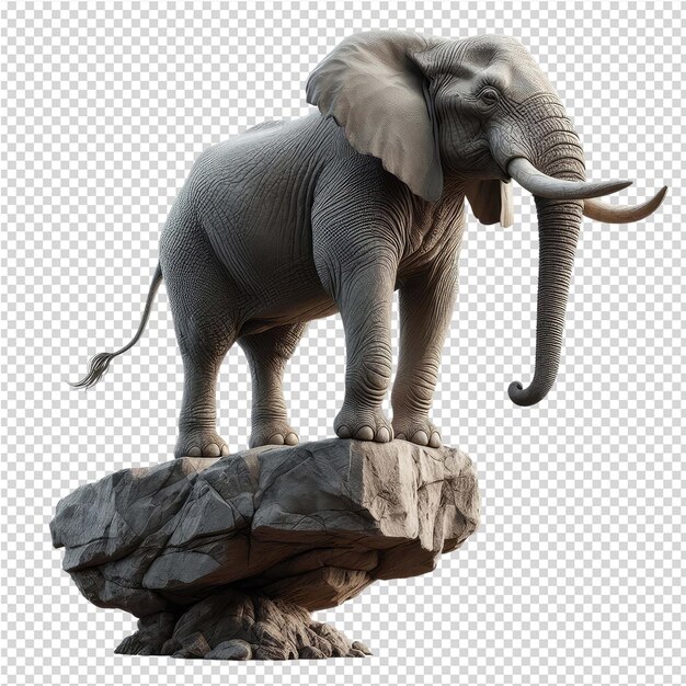 A statue of an elephant on a rock with a long tail