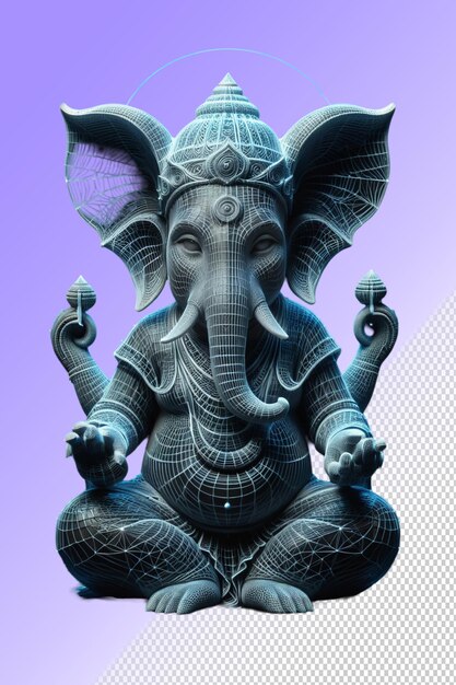 A statue of an elephant with a purple background with a blue background