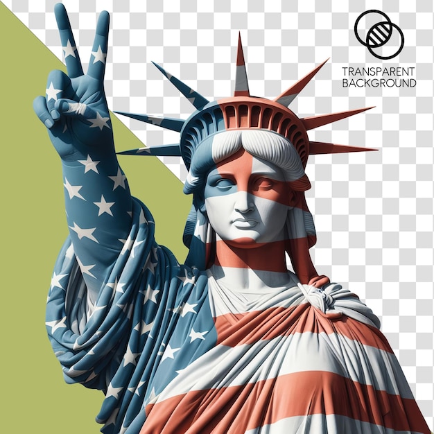 PSD the statue of liberty making a peace sign with american flag painted on it