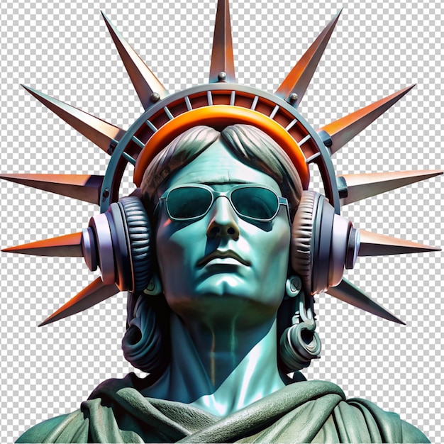 Statua della libertà con le cuffie su uno sfondo trasparente