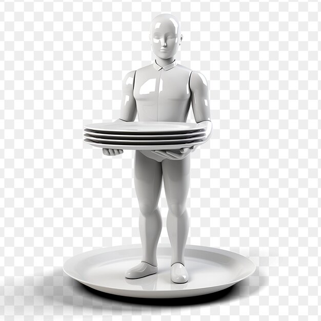 A statue of a man holding a tray with a black and white background