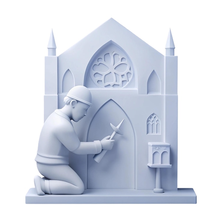 PSD a statue of a man painting a building with a drawing of a man in a white suit