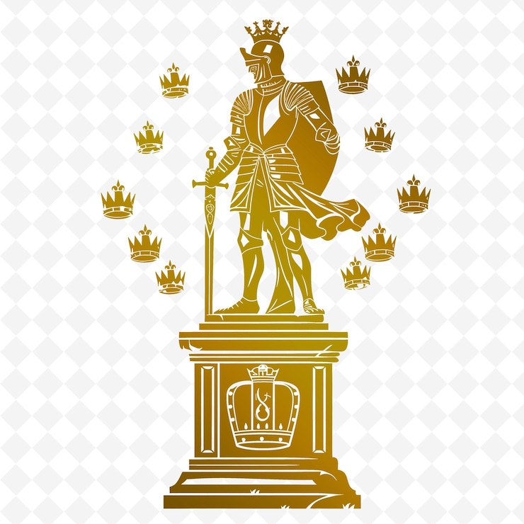 PSD statue outline met ridder figuur en kroon symbolen voor dec illustratie frames decor collectie