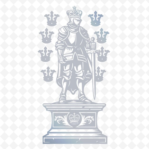 PSD contorno di statua con figura di cavaliere e simboli di corona per la collezione di cornici di decorazione di illustrazione