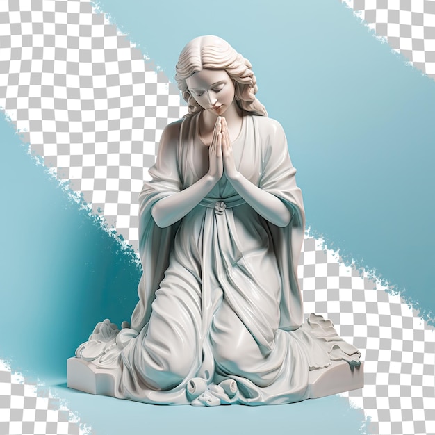 PSD a statue of a woman praying in front of a white background.