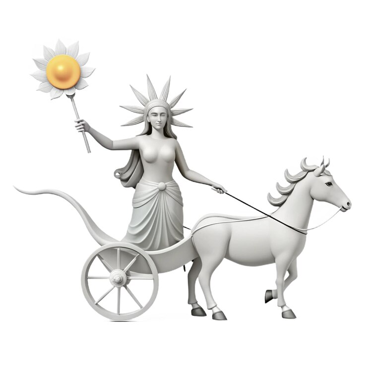 PSD a statue of a woman riding a horse and a cart with a sun in the middle