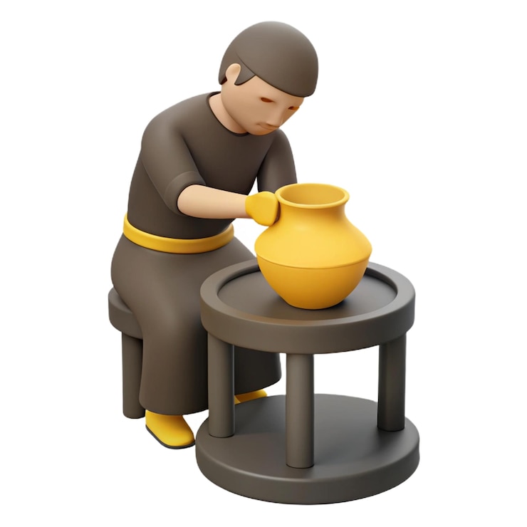 PSD a statue of a woman working on a pot with a yellow handle