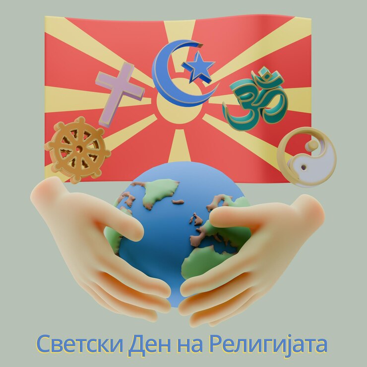 PSD статуальные 3d-рендеры всемирного дня религий, написанные на македонском языке