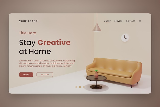 PSD Оставайтесь творческими дома сцена диванной комнаты 3d landing page