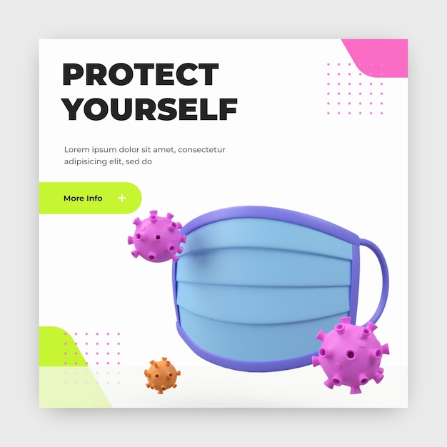 PSD stay safe instagram post with 3d render face mask