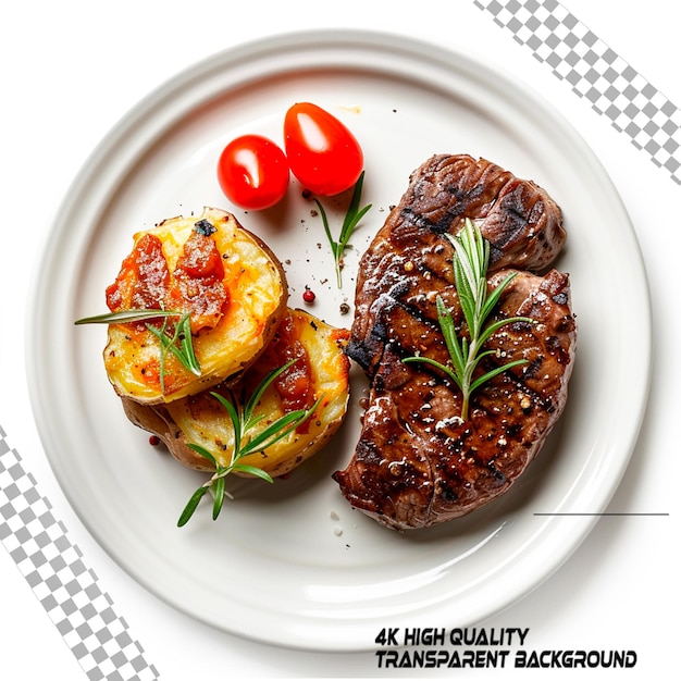 PSD steak and baked potato on plate isolated on transparent background