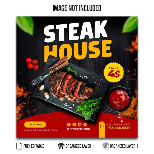 PSD steak barbecue special food banner en social media post ontwerp sjabloon