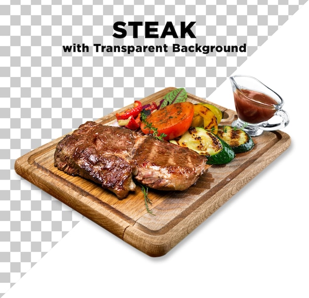 PSD steak beef meet in a wooden plate photo psd with transparent background