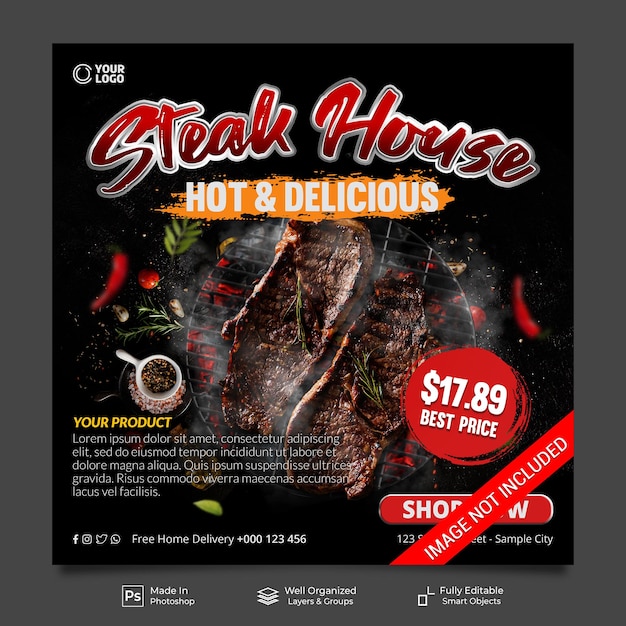 Steak house miglior prezzo menu promozione ristorante social media instagram post feed banner template