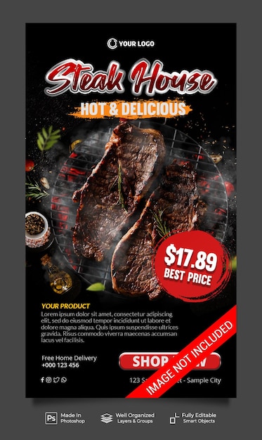 PSD steak house miglior prezzo menu promozione ristorante social media instagram post storie banner template