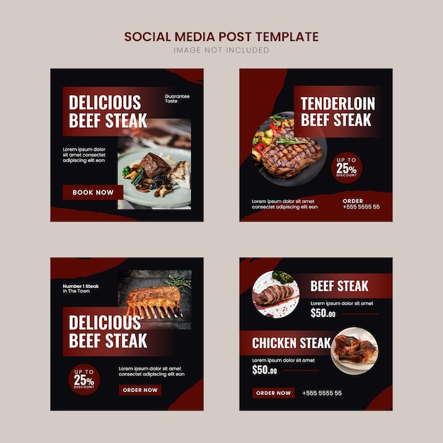 Modello di post sui social media del menu del cibo del ristorante della bistecca