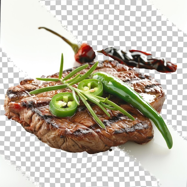 PSD a steak with a green pepper and a pepper on it