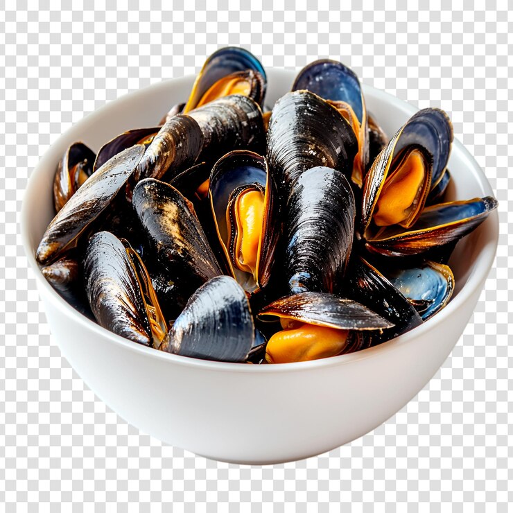 PSD steamed mussels in white bowl delicious seafood meal