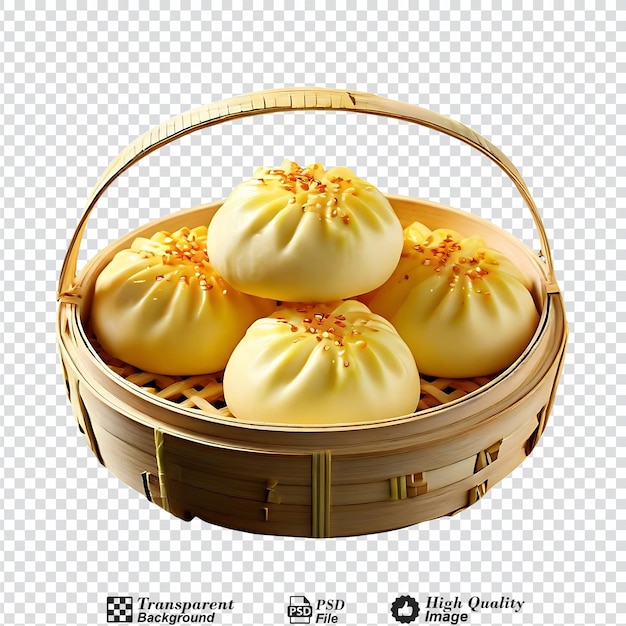 Steamed stuff custard bun in bamboo basket isolated on transparent background