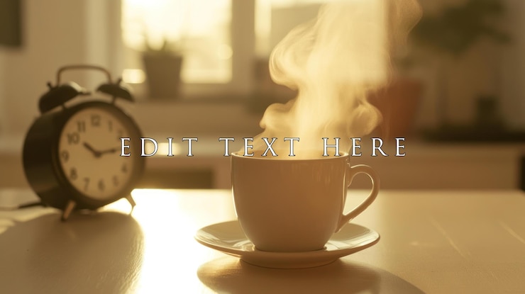 PSD steaming coffee cup on table with alarm clock in sunrise
