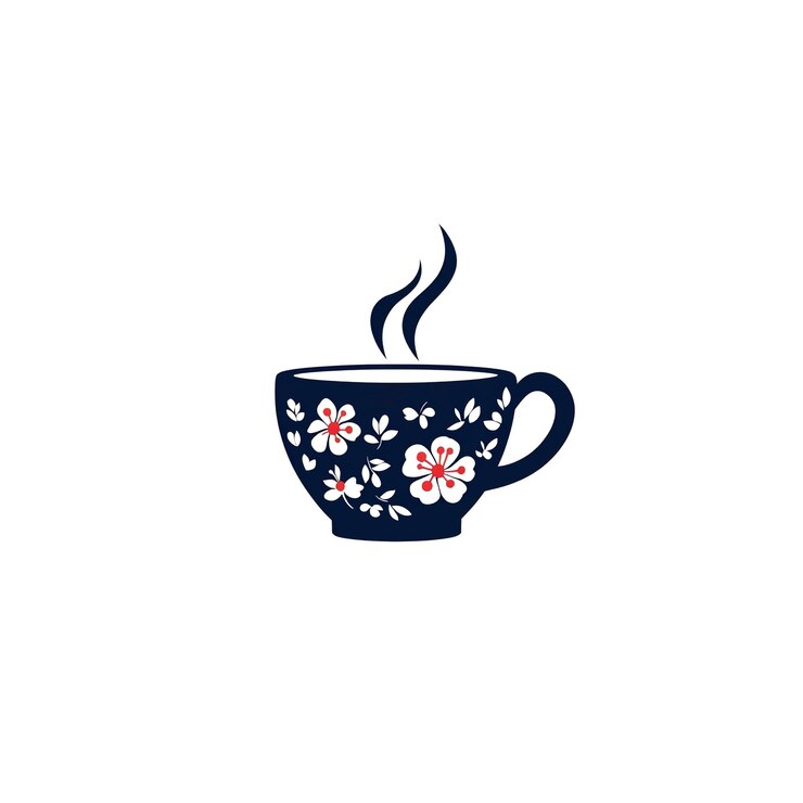 PSD steaming floral teacup cozy hot beverage illustration