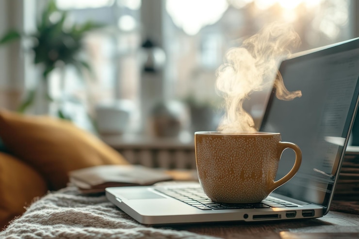 PSD steaming hot drink on laptop cozy home office