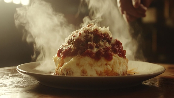 PSD steaming meatballs in rich tomato sauce served over creamy polenta on a rustic wooden table