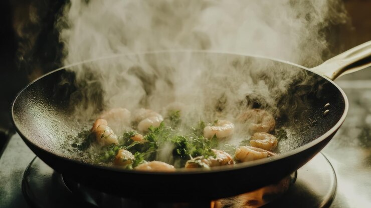 PSD steaming shrimp sizzle in a pan culinary delight