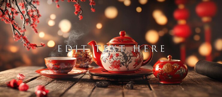 Steaming tea in ornate teapot and cups on wooden table with red blossoms and lanterns