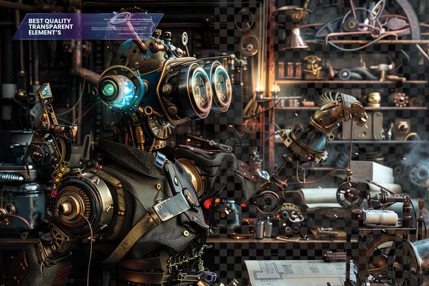 steampunk inventor with goggles mechanical arm and tools on transparent background