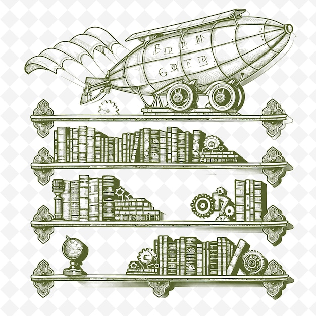 Steampunk stijl boekenplank met gear design en zeppelin symb illustration decor motifs collection