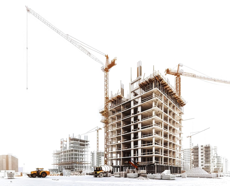PSD stedelijke expansie gesymboliseerd door een torenhoge skeletstructuur op een drukke bouwplaats kranen tillen zware lasten terwijl arbeiders de toekomst van de stad vormgeven geïsoleerd