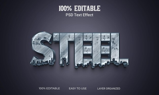 Steel 3d text  effect style editable psd file