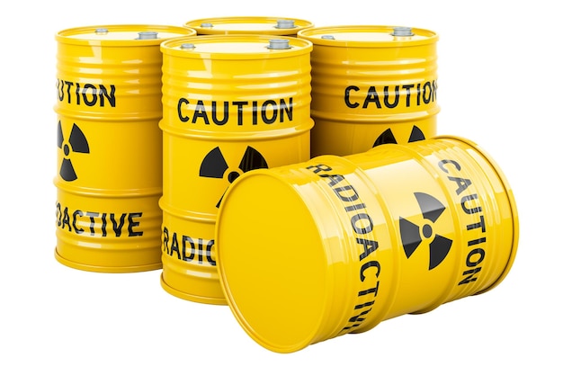 PSD steel drums with uranium ore concentrates 3d rendering isolated on transparent background