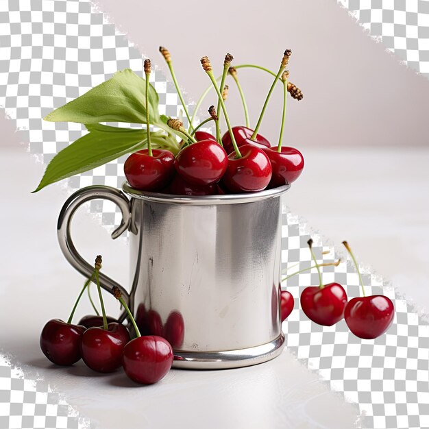 PSD steel mug with sweet cherries transparent background paper