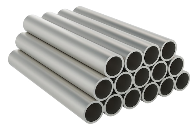 Steel pipes stack of stainless steel round pipes 3D rendering isolated on transparent background