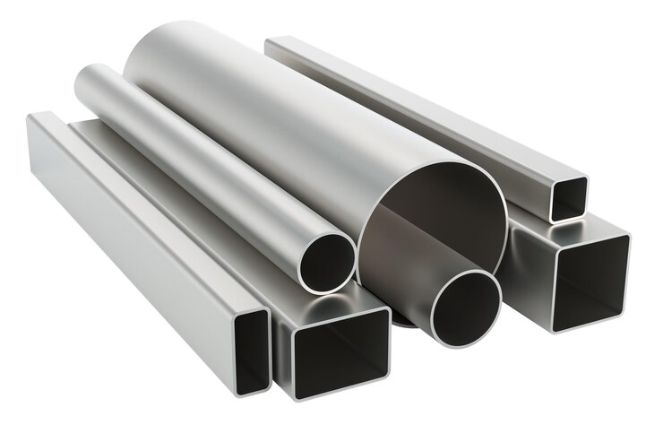 PSD steel round pipes and square pipes from stainless steel cold rolled metal 3d rendering isolated on transparent background