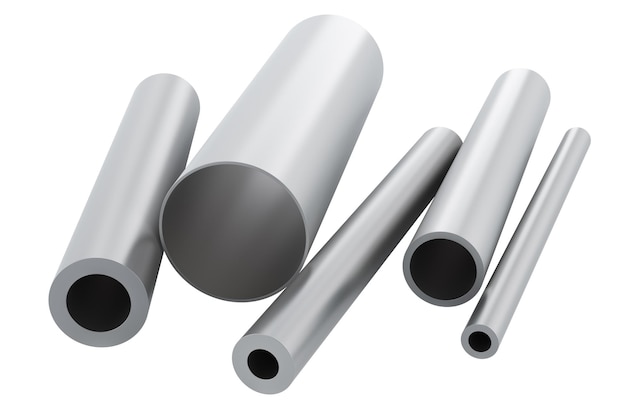 PSD steel round pipes stack of different sizes stainless steel round pipes 3d rendering isolated on transparent background